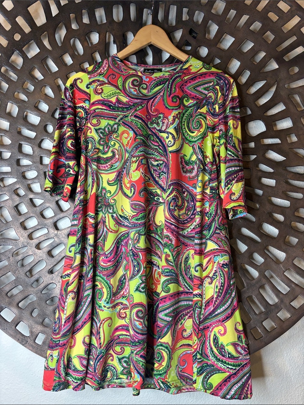 💖 Paisley Swing Dress Small Multicolor Stretch 3/4 Sleeve Boutique Dress 💖
